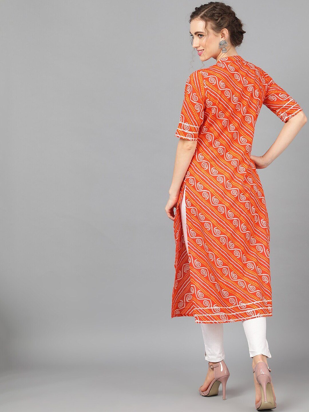 Women's  Orange & White Printed A-Line Kurta - AKS