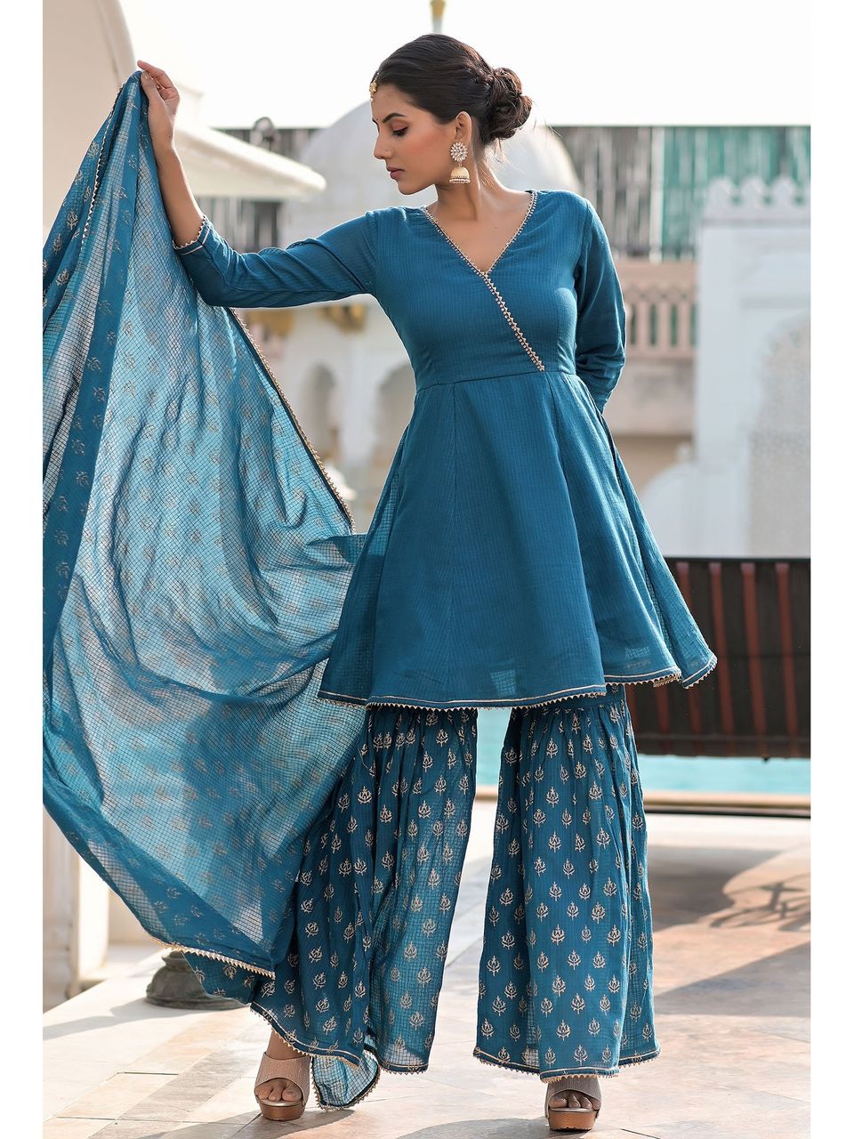 Women's Aegean Blue Hand Block Printed Doriya Suit Set - Hatheli