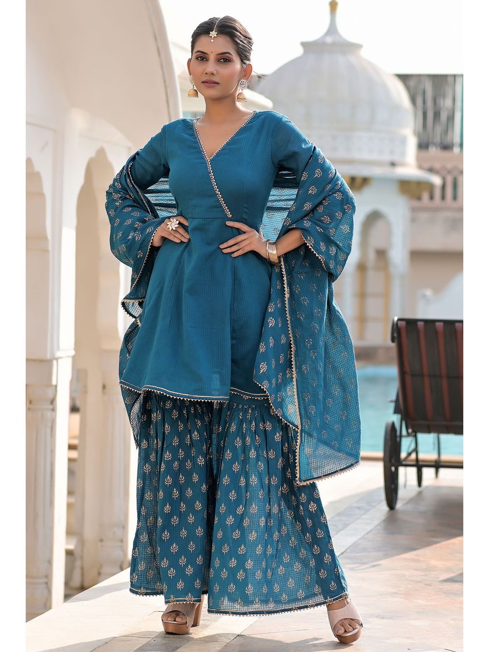 Women's Aegean Blue Hand Block Printed Doriya Suit Set - Hatheli
