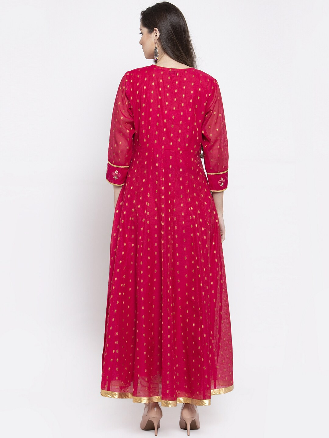Women's  Fuchsia & Gold-Coloured Woven Design Anarkali Kurta - Wahe-NOOR