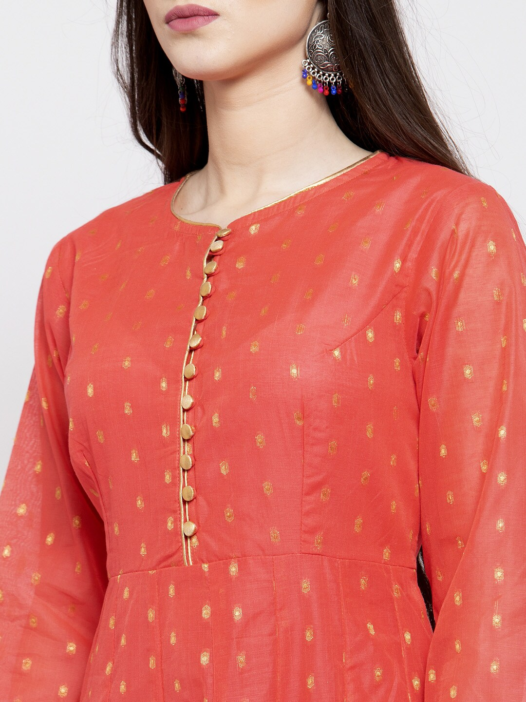 Women's  Orange & Gold-Coloured Woven Design Anarkali Kurta - Wahe-NOOR
