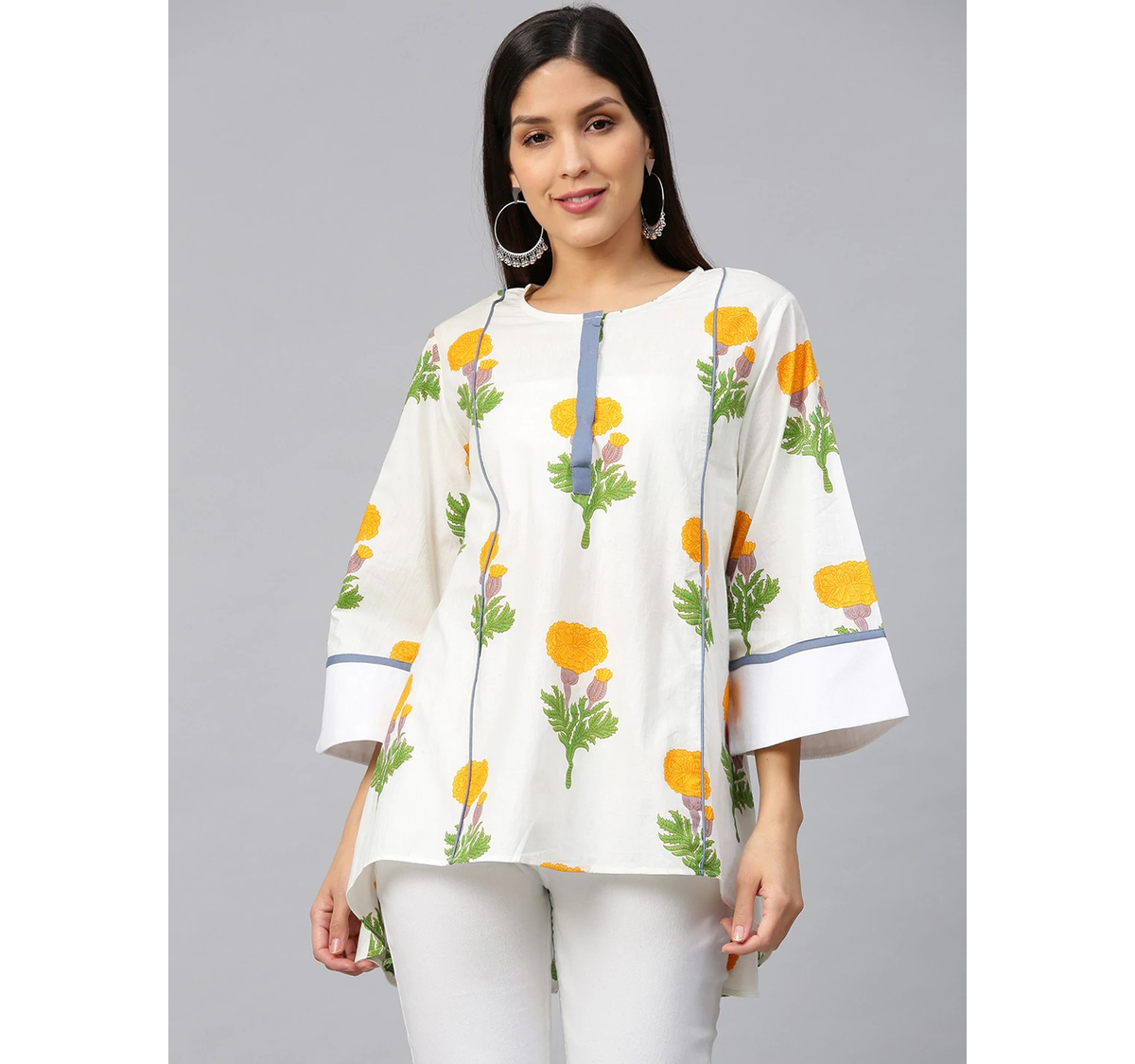 Women's  Off-White & Yellow Printed A-Line High-Low Kurti - Wahe-NOOR