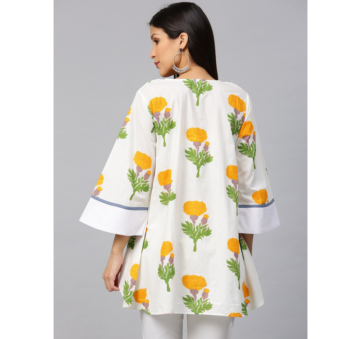Women's  Off-White & Yellow Printed A-Line High-Low Kurti - Wahe-NOOR