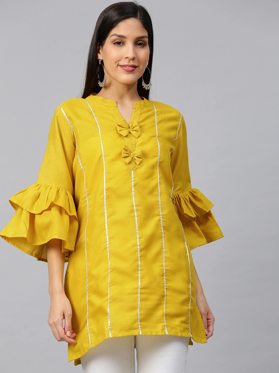 Women's  Mustard Yellow Bell Sleeves Gotta Patti Striped Straight Kurti - Wahe-NOOR