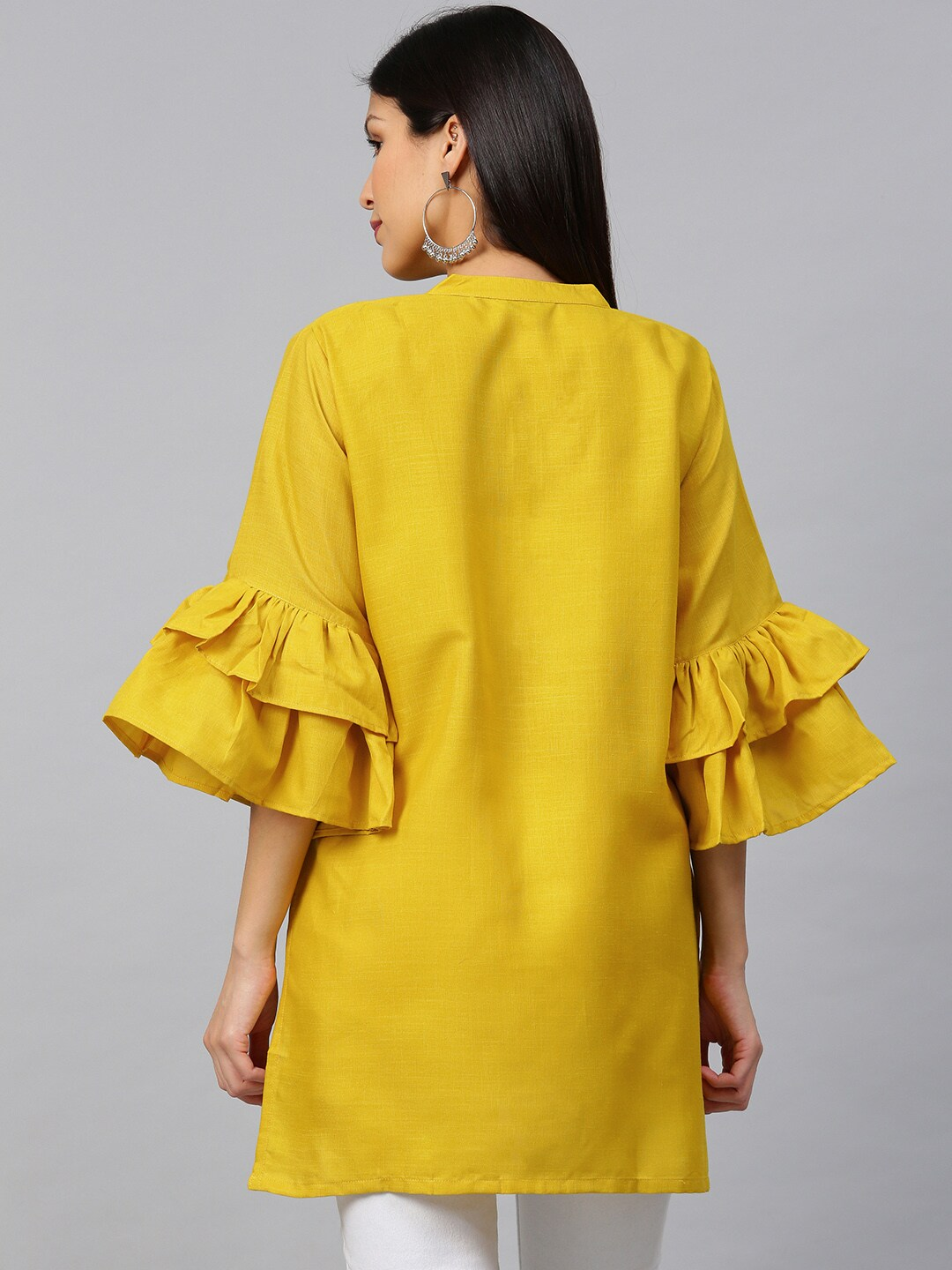 Women's  Mustard Yellow Bell Sleeves Gotta Patti Striped Straight Kurti - Wahe-NOOR