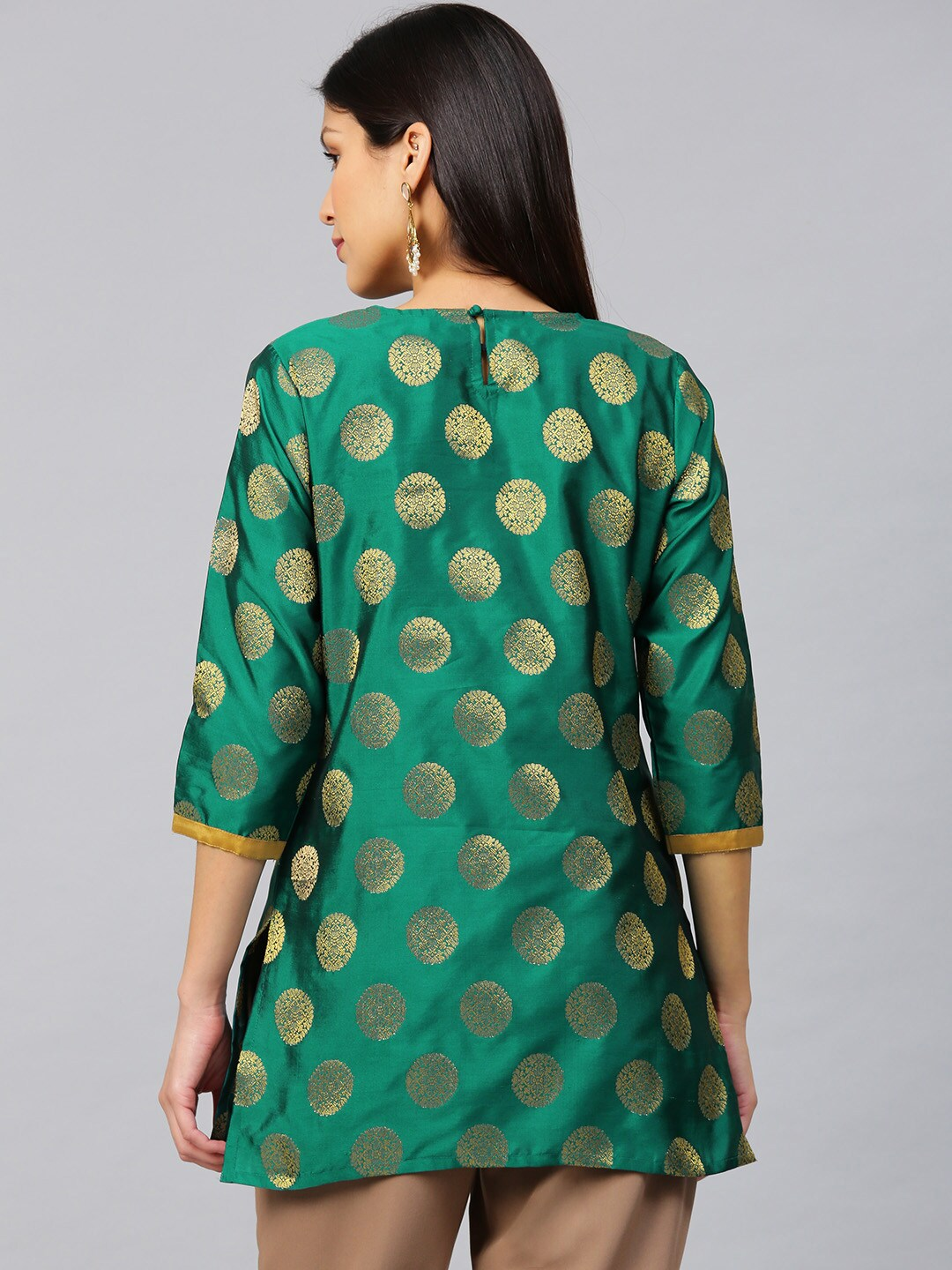 Women's  Green & Golden Woven Design Poly Silk Straight Kurti - Wahe-NOOR
