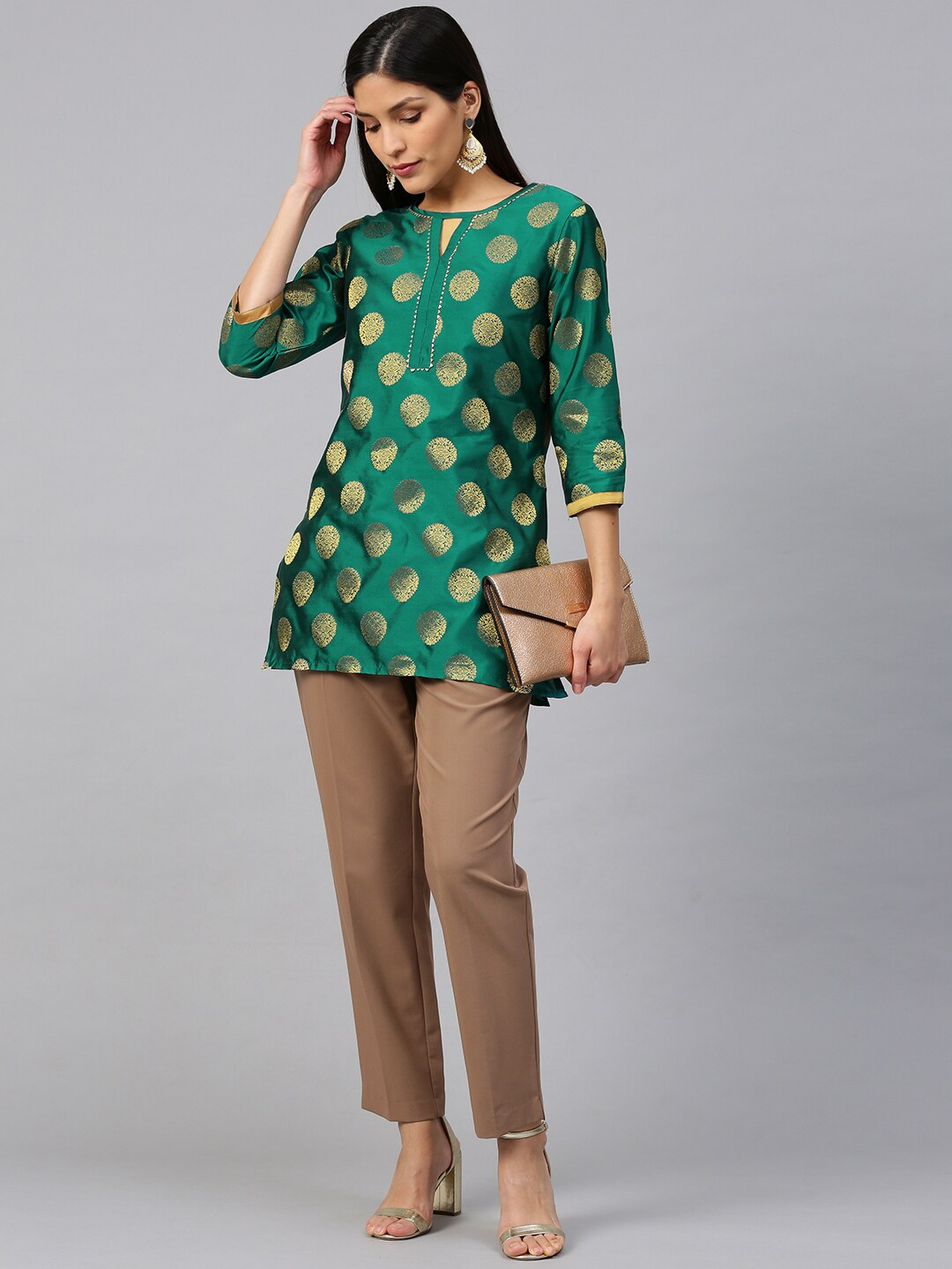 Women's  Green & Golden Woven Design Poly Silk Straight Kurti - Wahe-NOOR