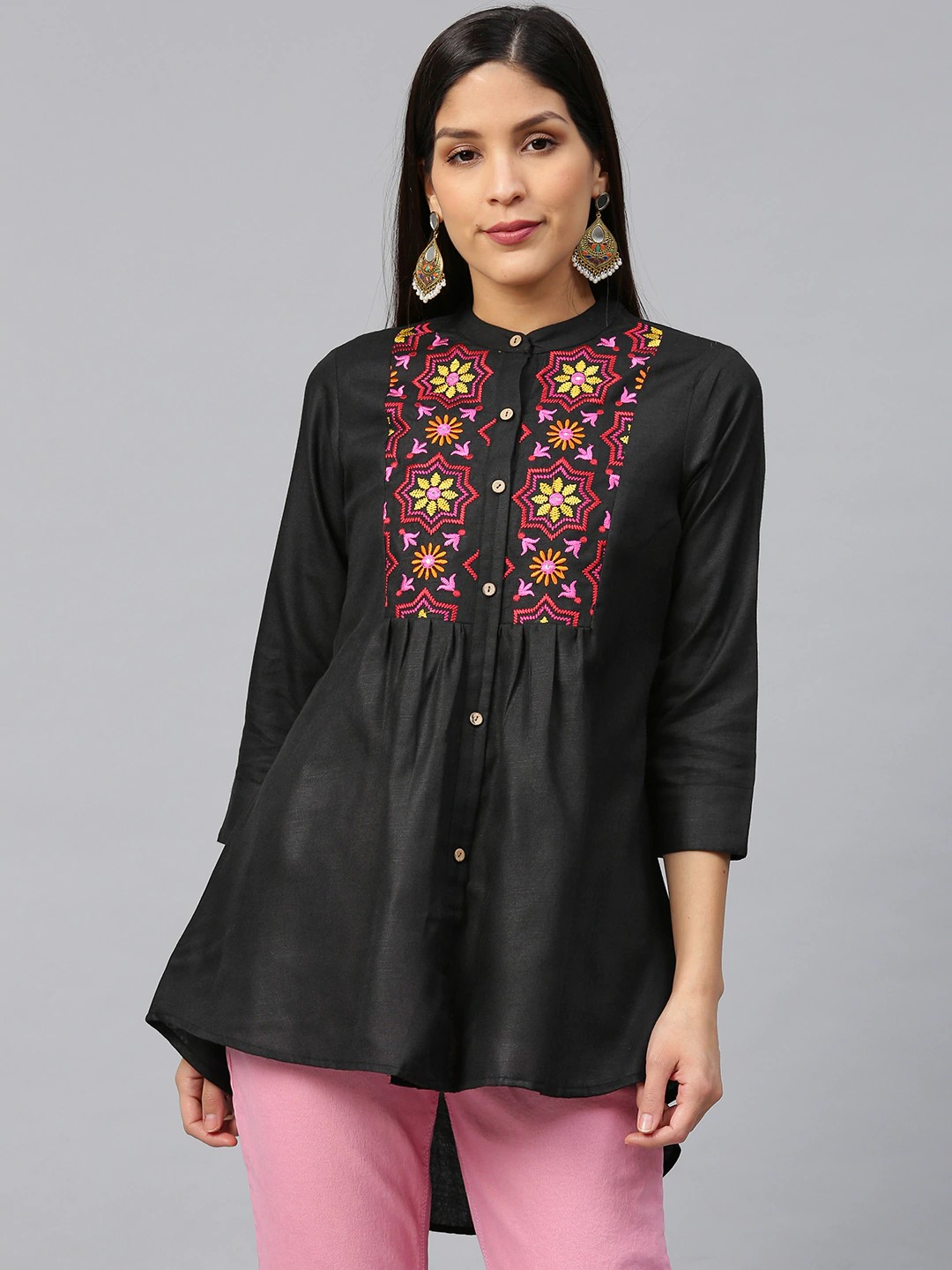 Buy Powder Pink High Low Kurti In Cotton Silk Online - Kalki Fashion