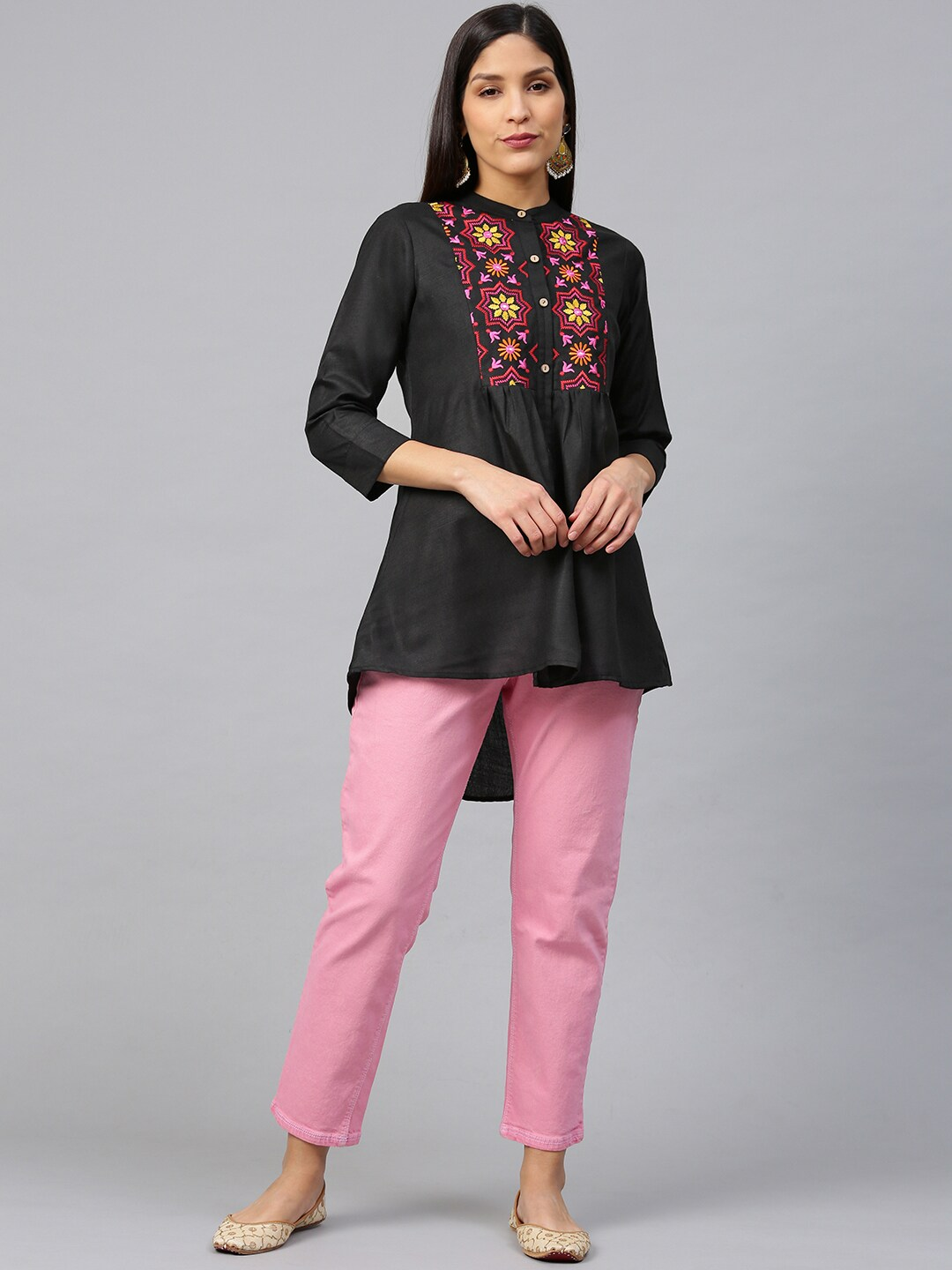Women's  Black & Pink Yoke Design High-Low Kurti - Wahe-NOOR