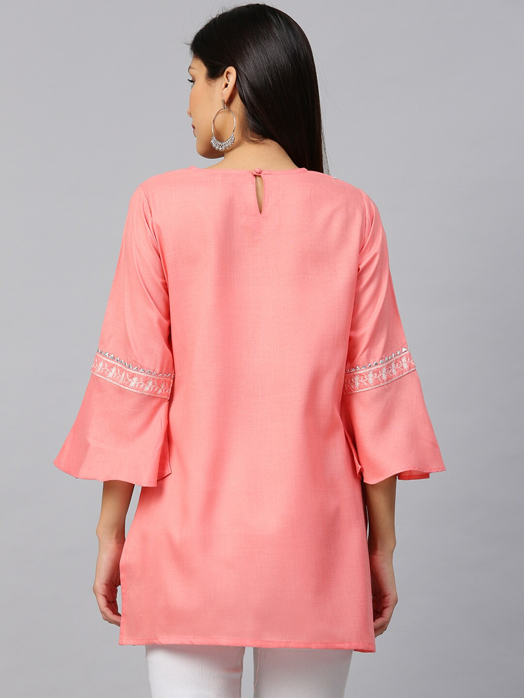 Women's  Coral Pink & Off-White Yoke Design Straight Kurti - Wahe-NOOR