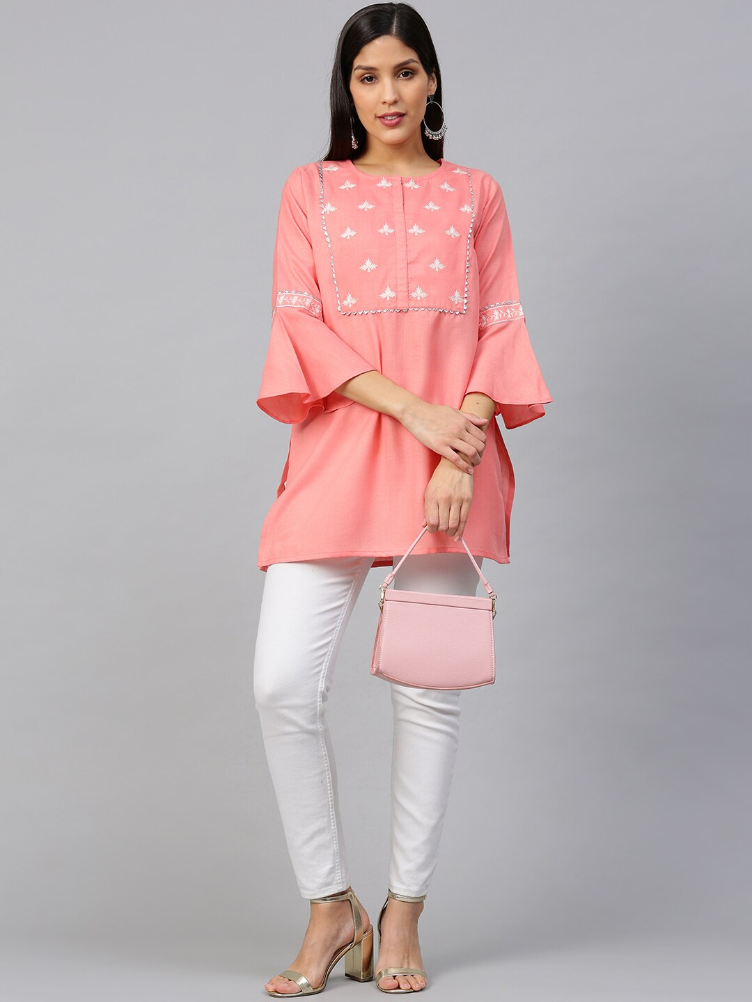 Women's  Coral Pink & Off-White Yoke Design Straight Kurti - Wahe-NOOR