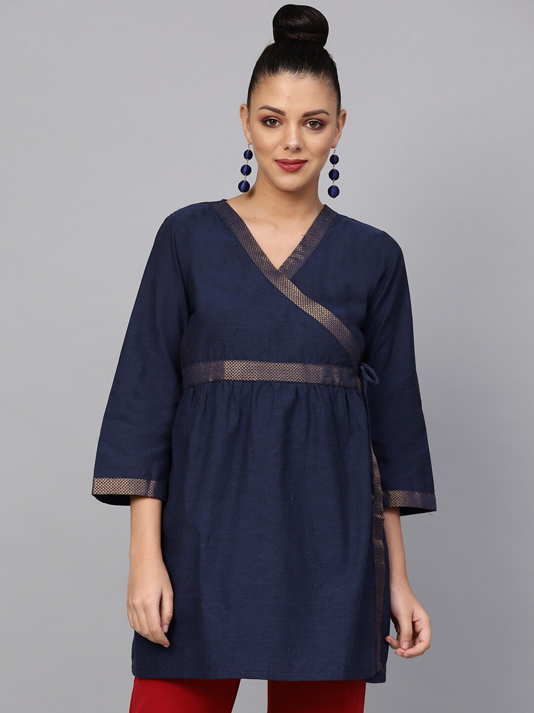 Women's  Navy Blue Solid Angrakha Tunic - Wahe-NOOR