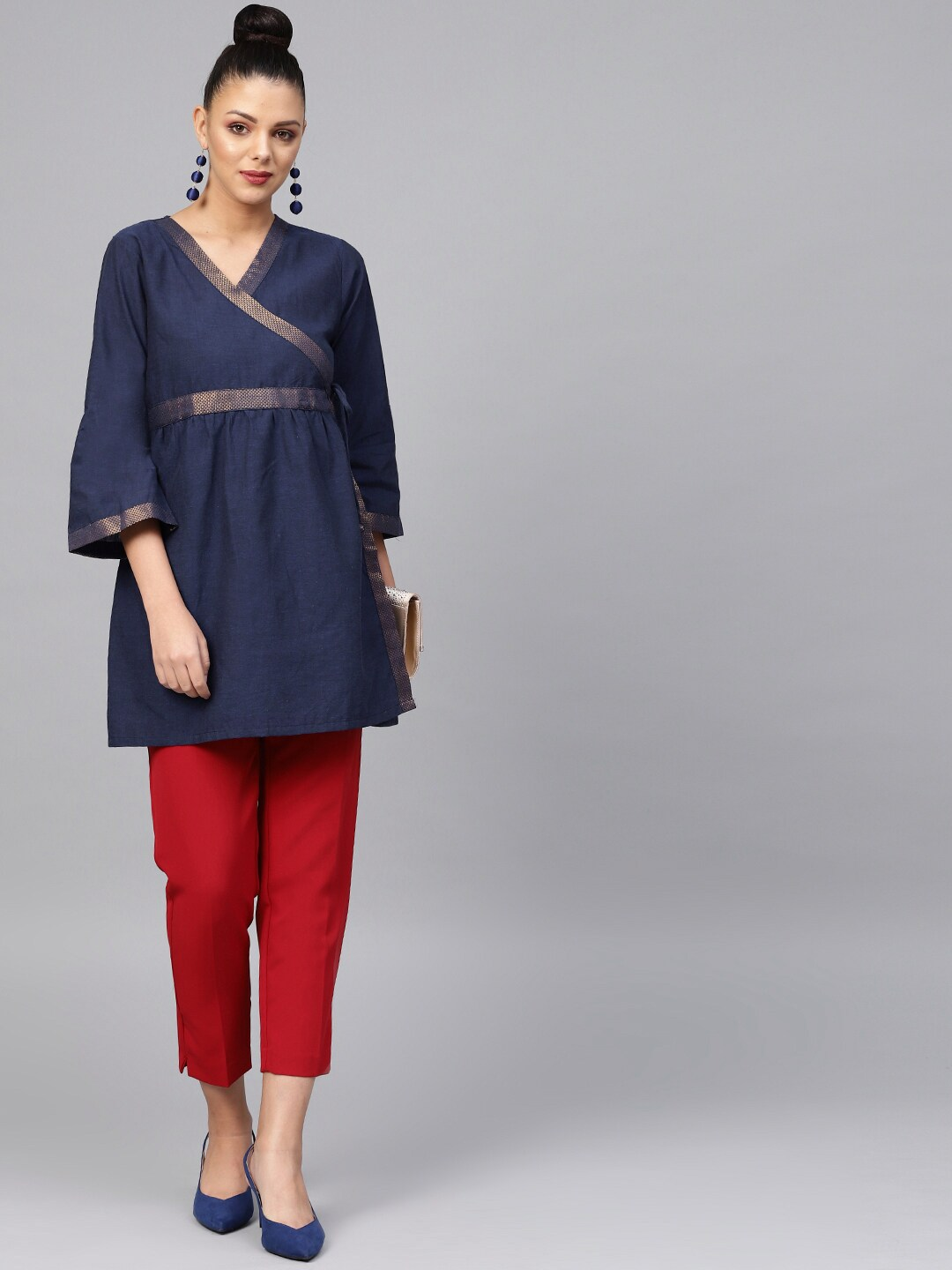 Women's  Navy Blue Solid Angrakha Tunic - Wahe-NOOR