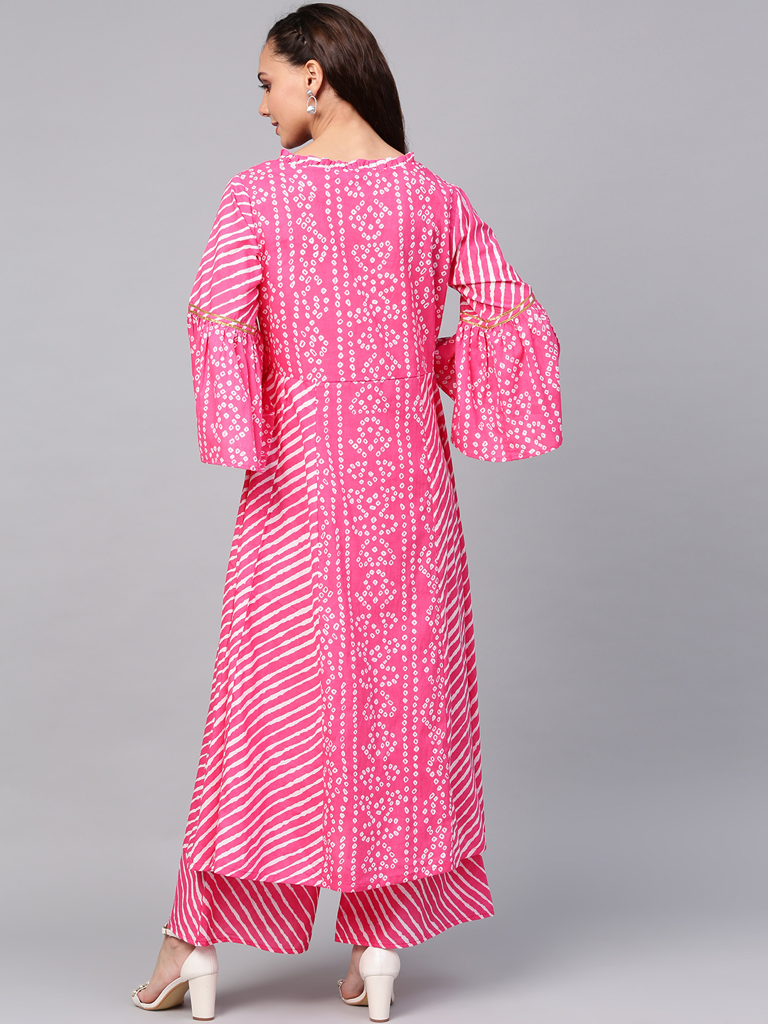 Women's  Pink & White Bandhani Print Kurta With Palazzos - Wahe-NOOR