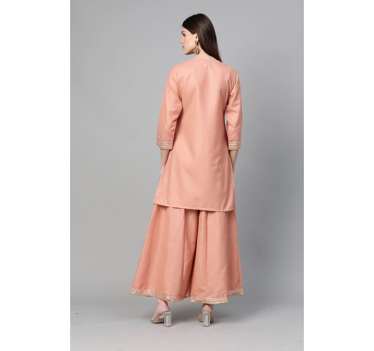 Women's  Peach-Coloured Solid Kurta With Palazzos - Wahe-NOOR