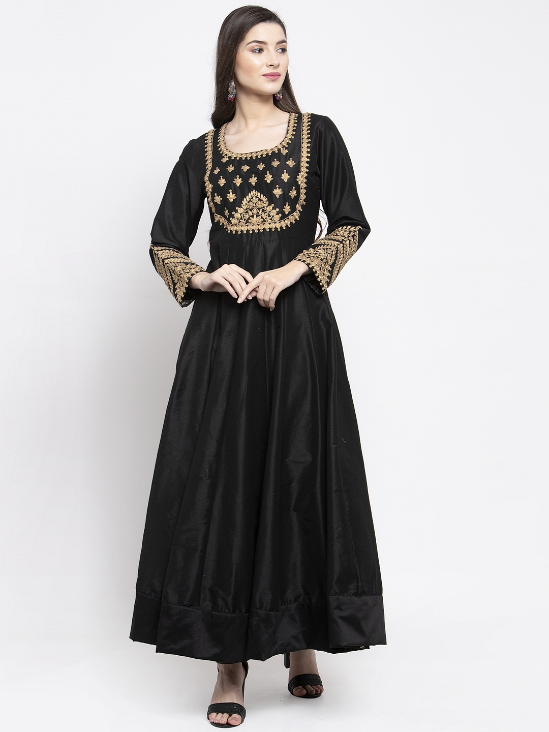 Women's  Black & Gold-Coloured Embellished Anarkali Kurta - Wahe-NOOR