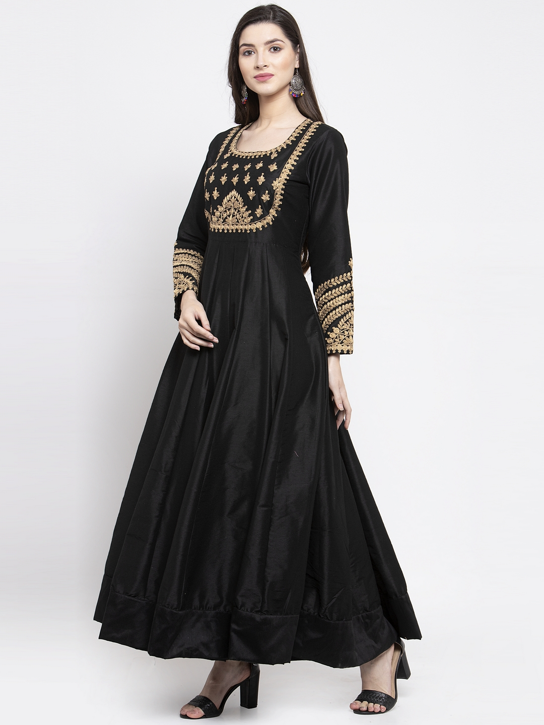 Women's  Black & Gold-Coloured Embellished Anarkali Kurta - Wahe-NOOR