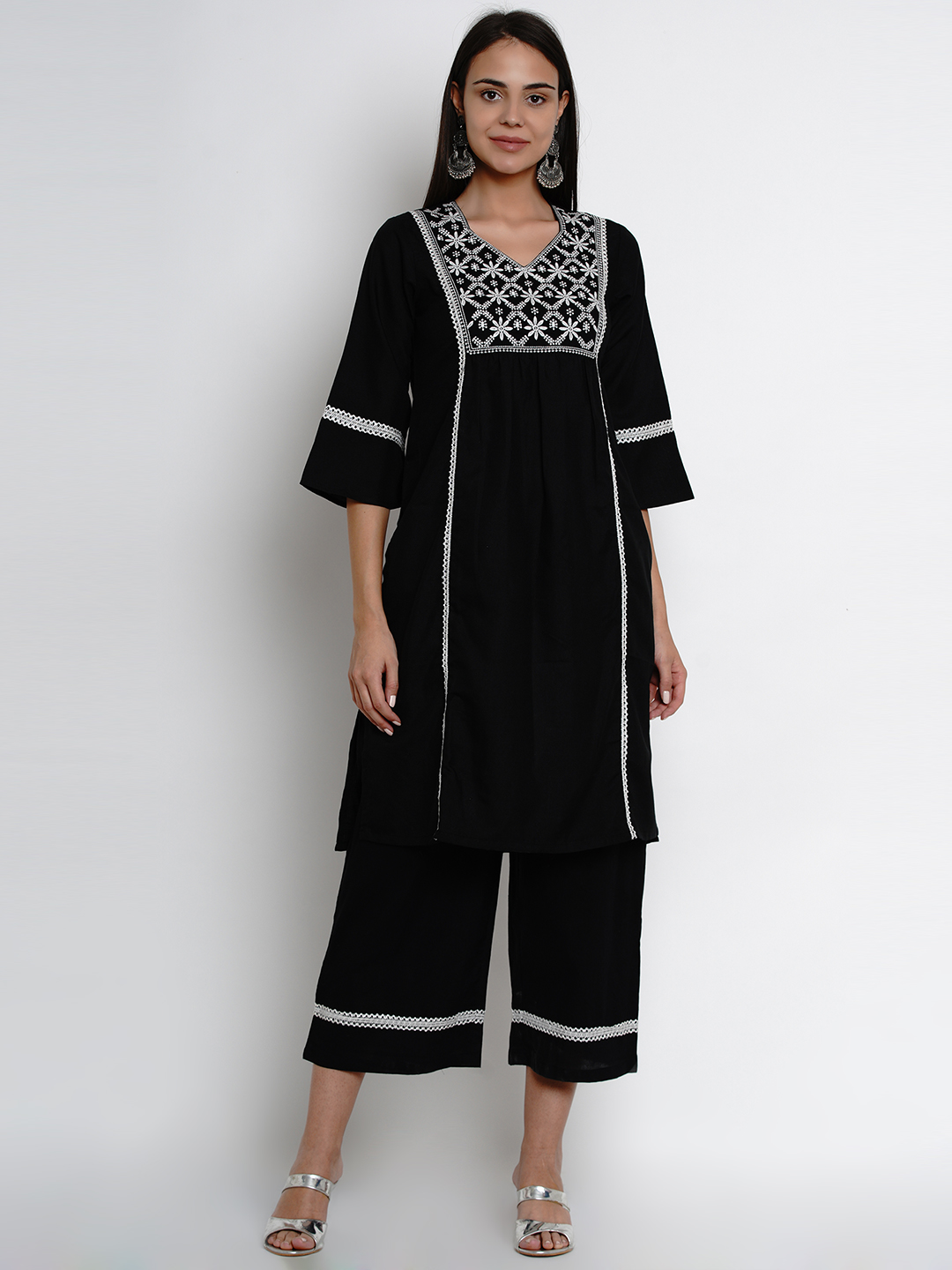 Women's  Black Embroidered Kurta With Palazzos - Wahe-NOOR