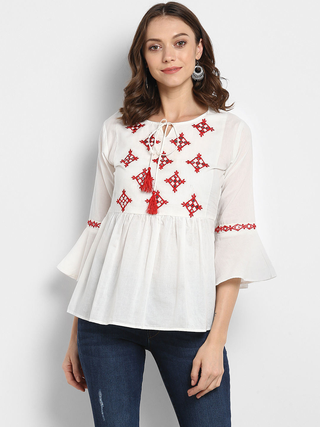 Women's  White Embellished A-Line Top - Wahe-NOOR