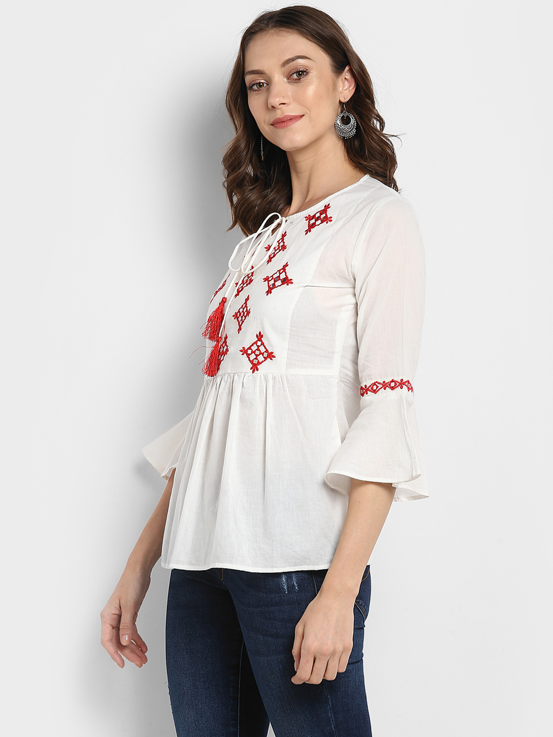 Women's  White Embellished A-Line Top - Wahe-NOOR