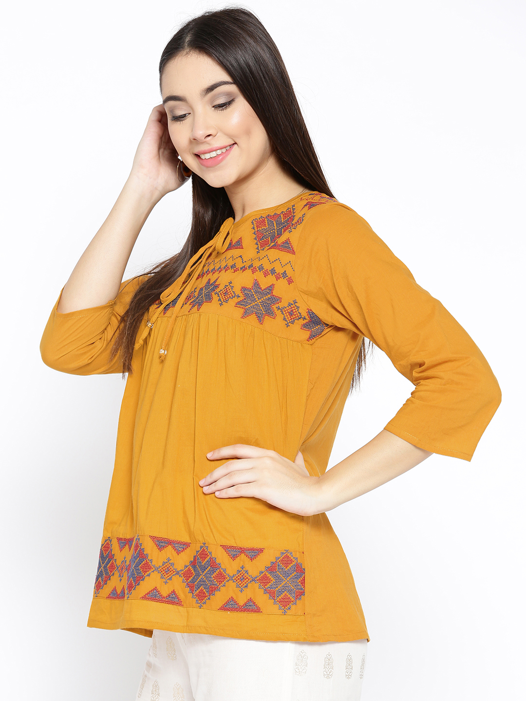 Women's  Mustard Yellow Embroidered A-Line Top - Wahe-NOOR