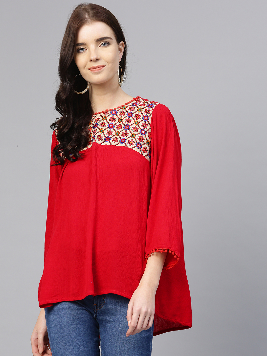 Women's  Red Embroidered Detail A-Line Top 2 - Wahe-NOOR