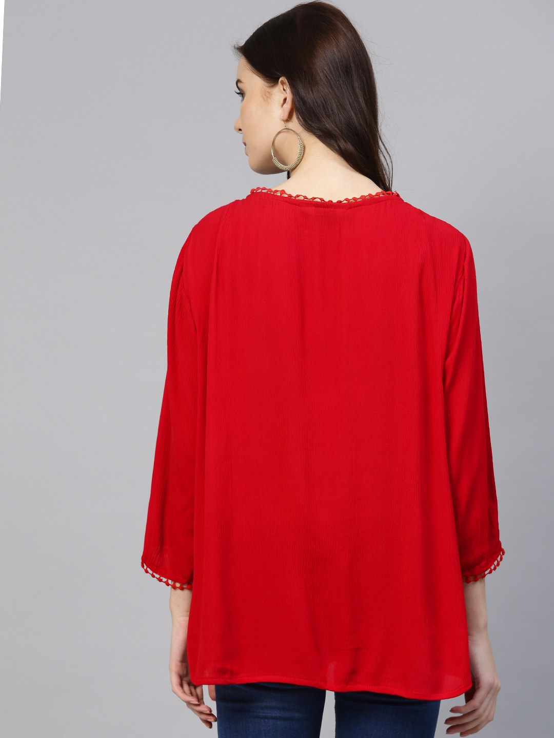 Women's  Red Embroidered Detail A-Line Top 2 - Wahe-NOOR