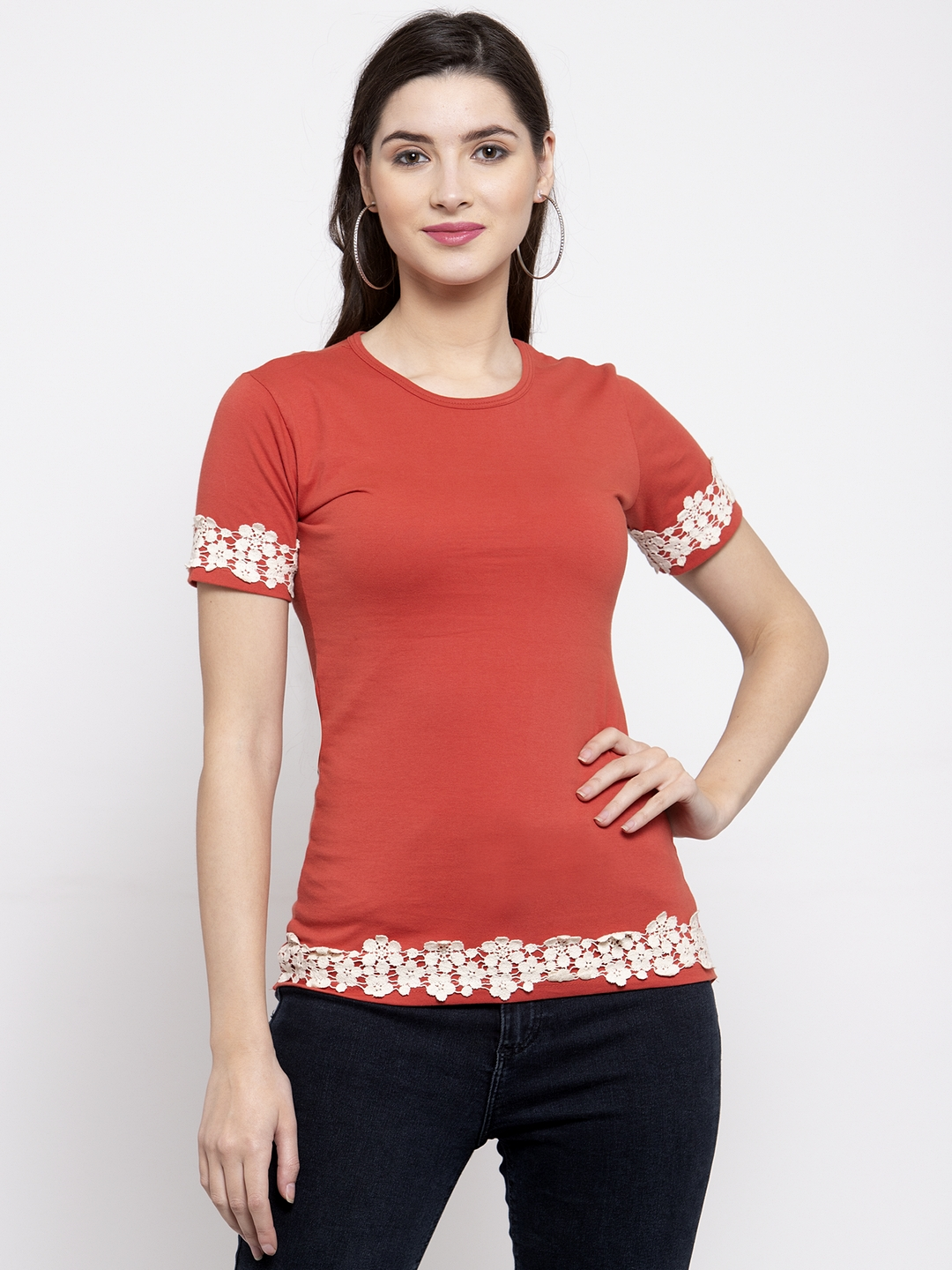 Women's  Rust Red Solid Round Neck T-Shirt - Wahe-NOOR