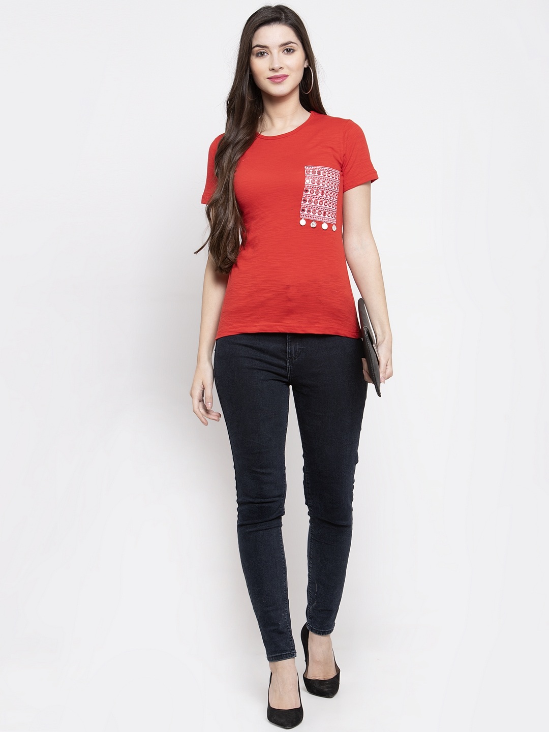 Women's  Red Solid Round Neck T-Shirt - Wahe-NOOR