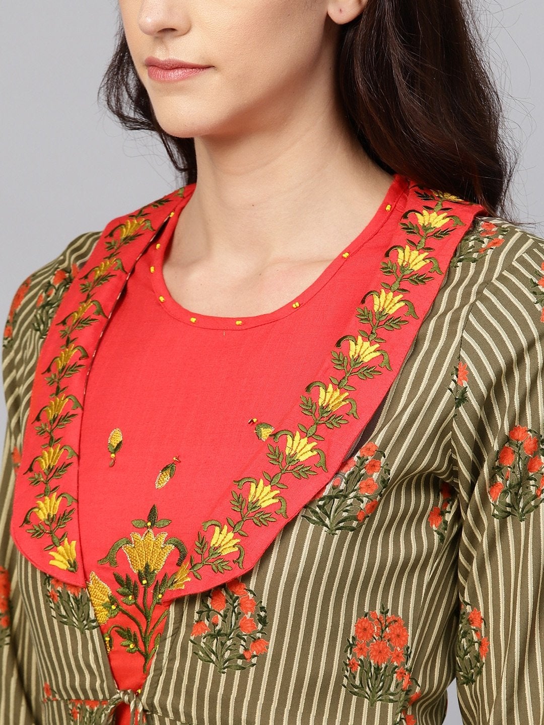 Women's Coral Orange Embroidered Crop Top with Trousers & Ehtnic Jacket - Meeranshi