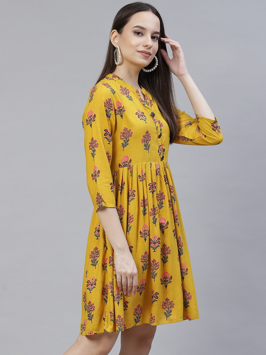 Women's mustard yellow and pink floral printed flared short dress - Meeranshi