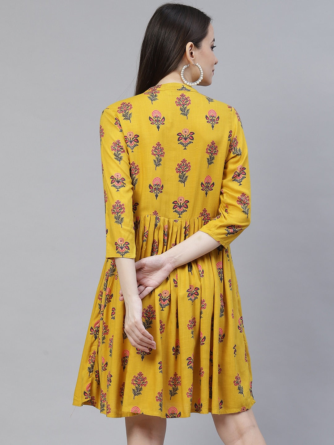 Women's mustard yellow and pink floral printed flared short dress - Meeranshi