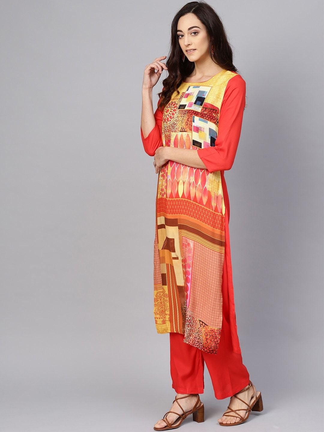 Women's Yellow & Orange Printed Kurta with Trousers - Meeranshi