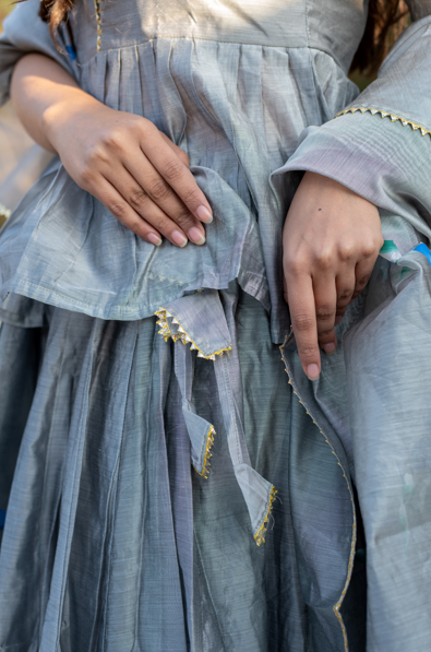 Women's Surili All-Over  Hand Painted Chanderi Grey Lehenga Set - Saras The Label