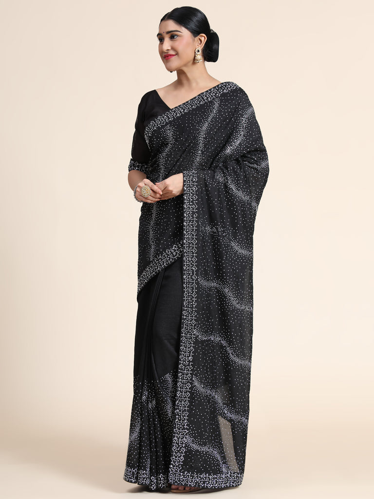 Women's Vichitra Saree With Blouse Piece (BLACK)