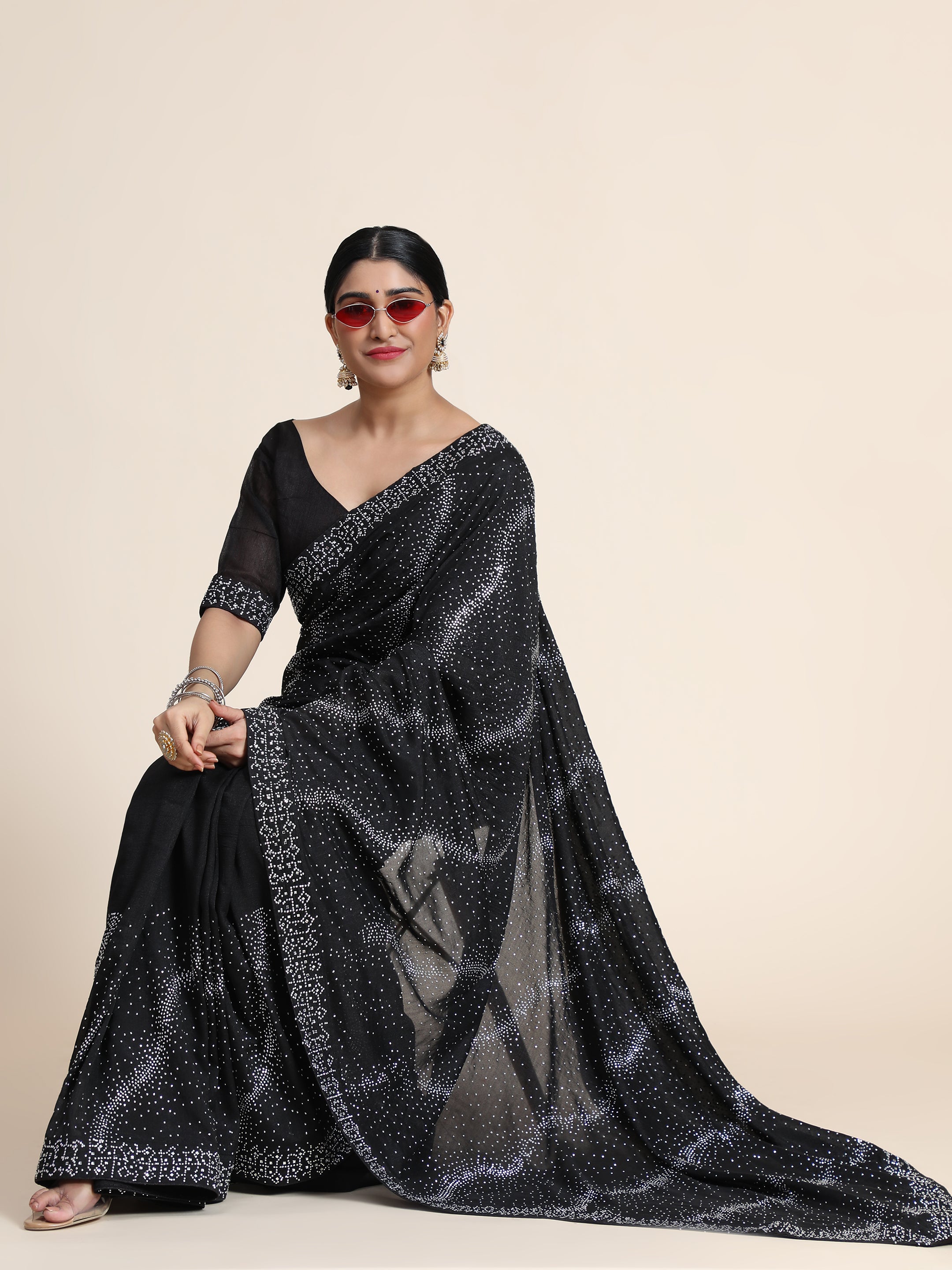Women's Vichitra Saree With Blouse Piece (BLACK) - PUNYATHA CREATION