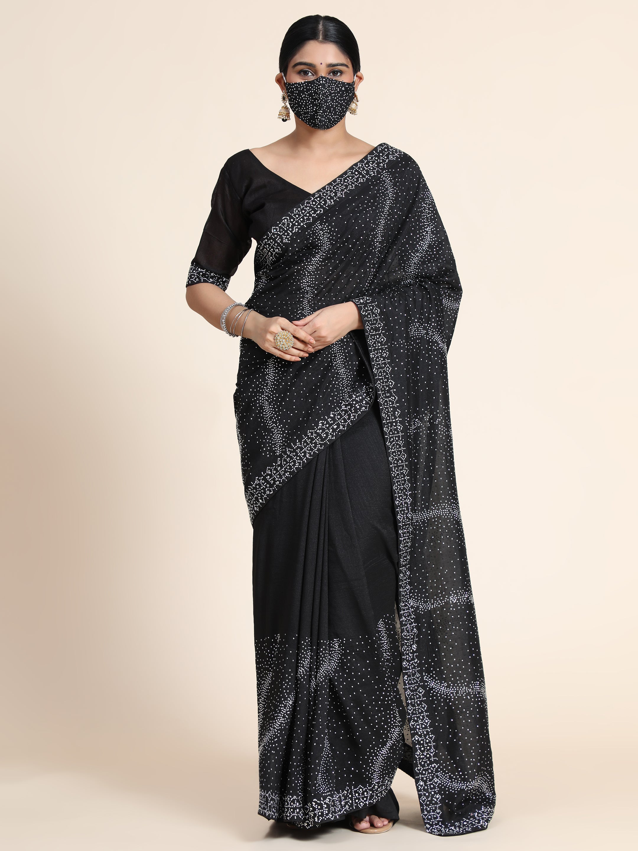 Women's Vichitra Saree With Blouse Piece (BLACK) - PUNYATHA CREATION