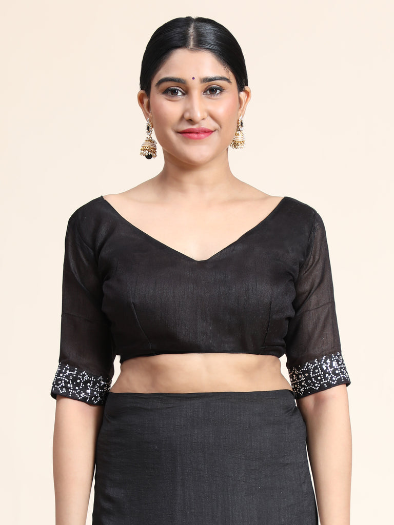 Women's Vichitra Saree With Blouse Piece (BLACK)