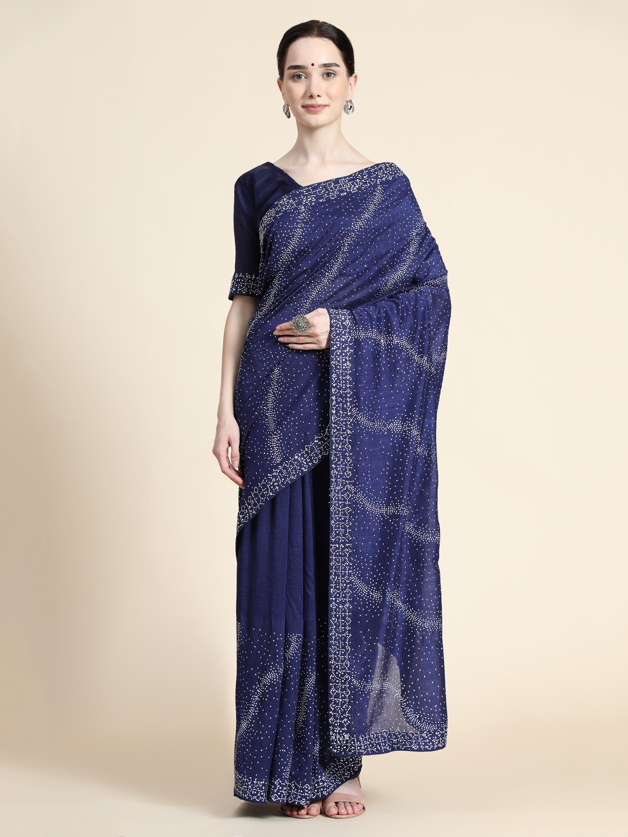 Women's Vichitra Saree With Blouse Piece (NEVY BLUE) - PUNYATHA CREATION