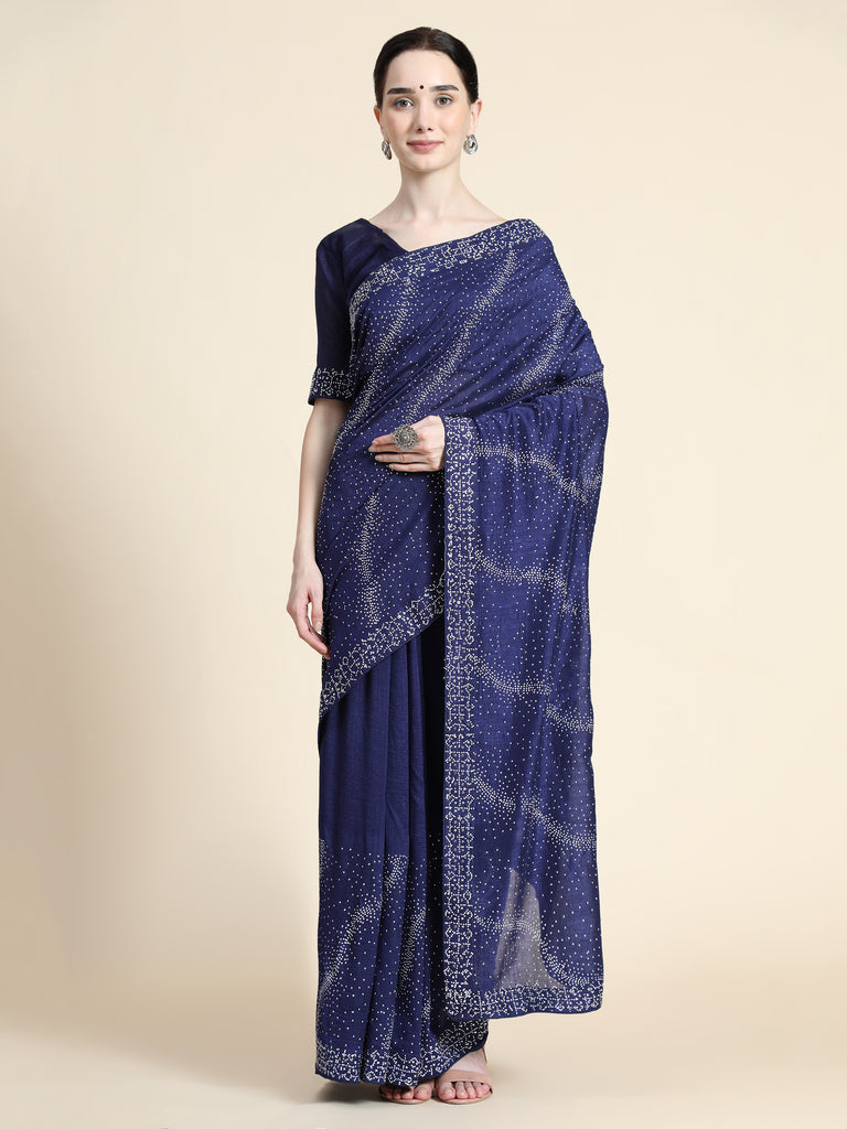 Women's Vichitra Saree With Blouse Piece (NEVY BLUE)