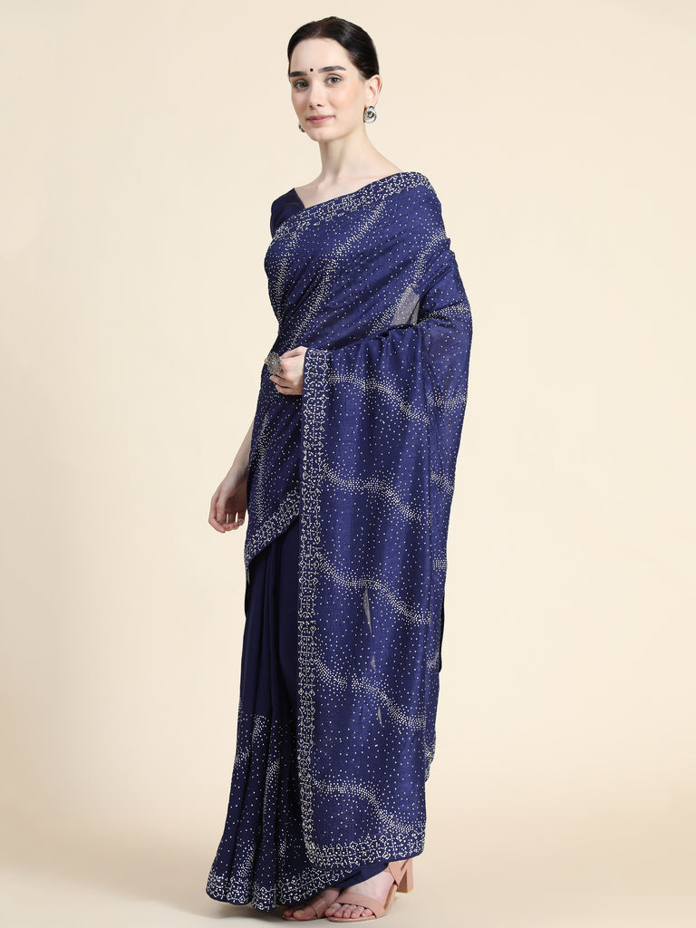 Women's Vichitra Saree With Blouse Piece (NEVY BLUE)