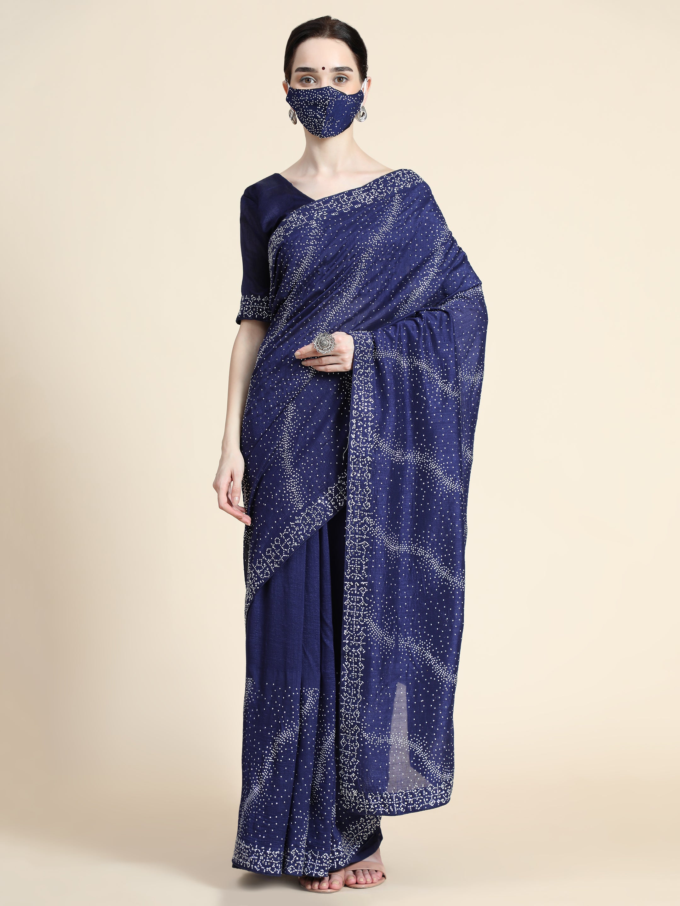 Women's Vichitra Saree With Blouse Piece (NEVY BLUE) - PUNYATHA CREATION