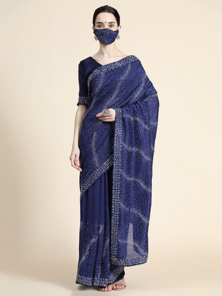 Women's Vichitra Saree With Blouse Piece (NEVY BLUE)