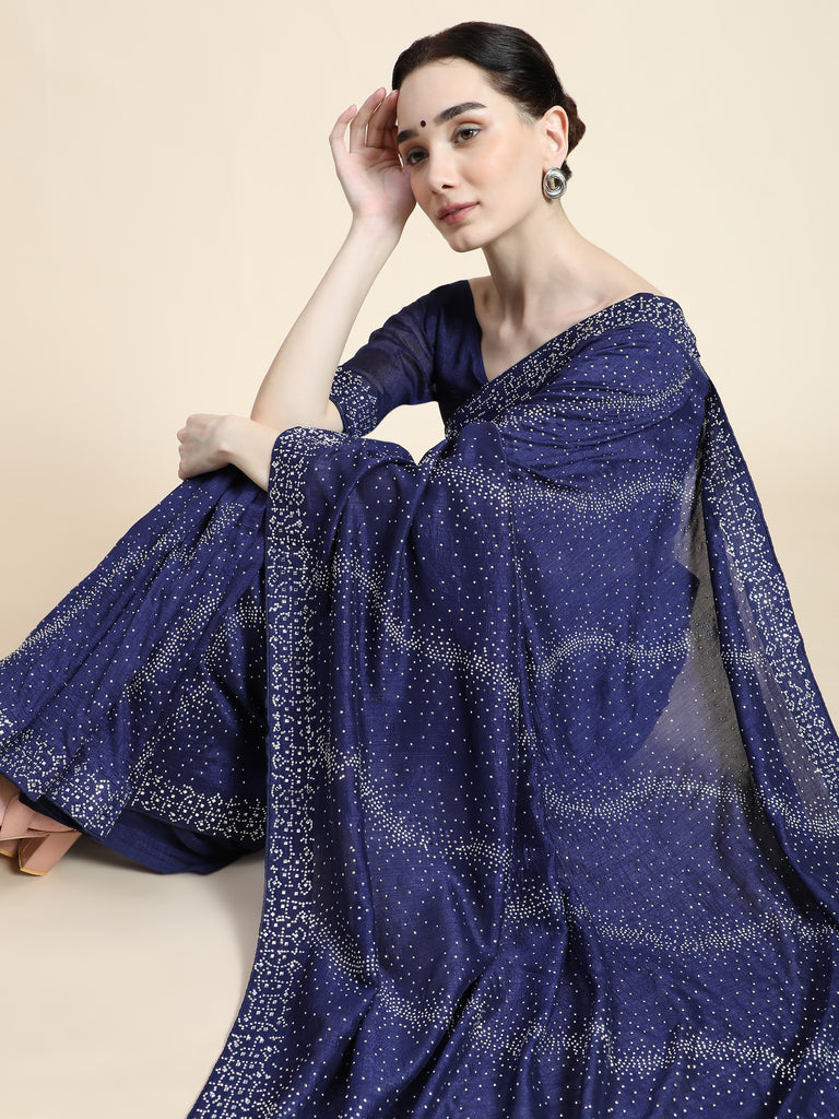 Women's Vichitra Saree With Blouse Piece (NEVY BLUE)