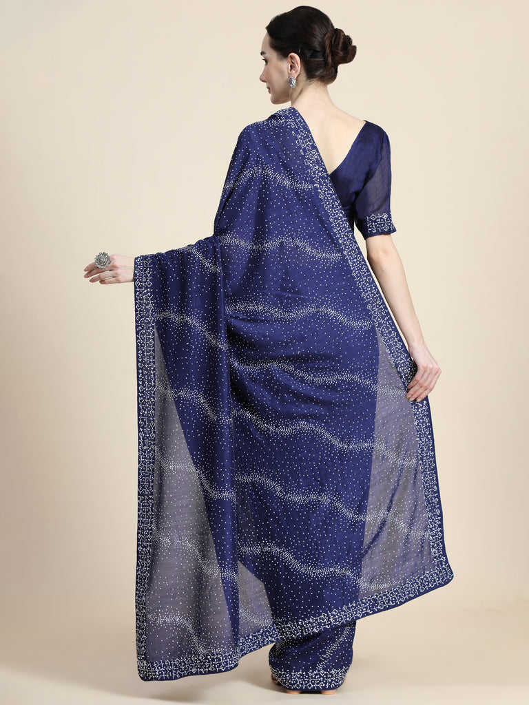 Women's Vichitra Saree With Blouse Piece (NEVY BLUE)