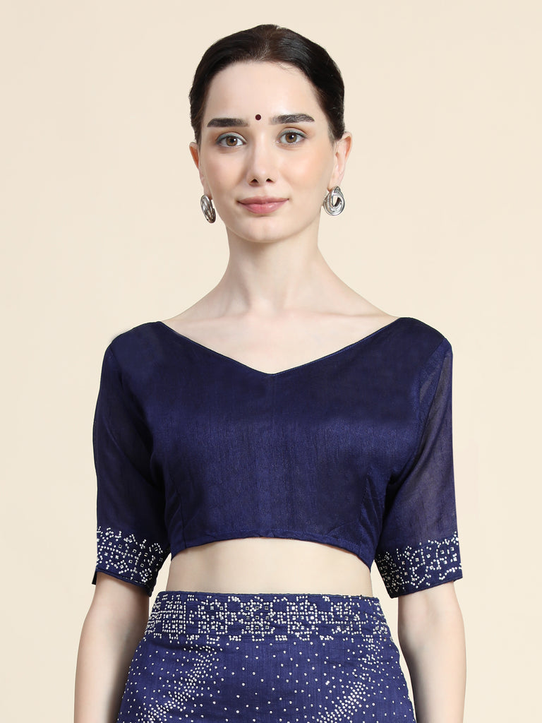 Women's Vichitra Saree With Blouse Piece (NEVY BLUE)