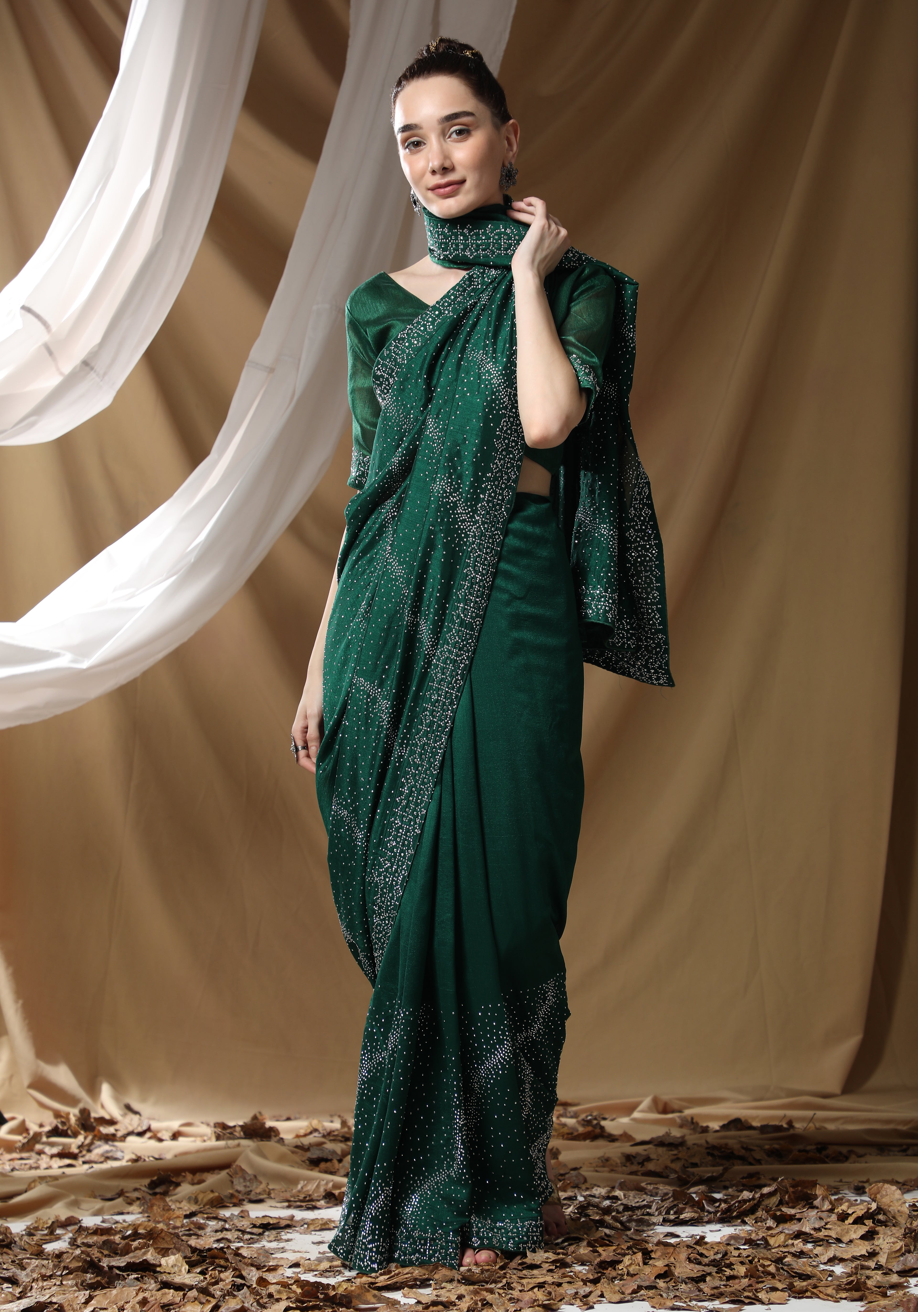 Women's Vichitra Saree With Blouse Piece (BOTTLE GREEN) - PUNYATHA CREATION