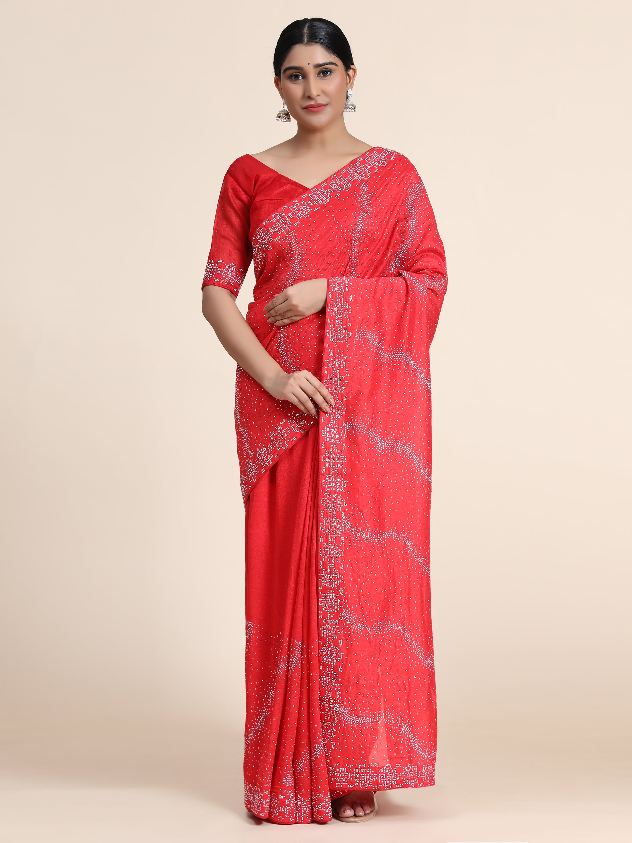 Women's Vichitra Saree With Blouse Piece (RED)