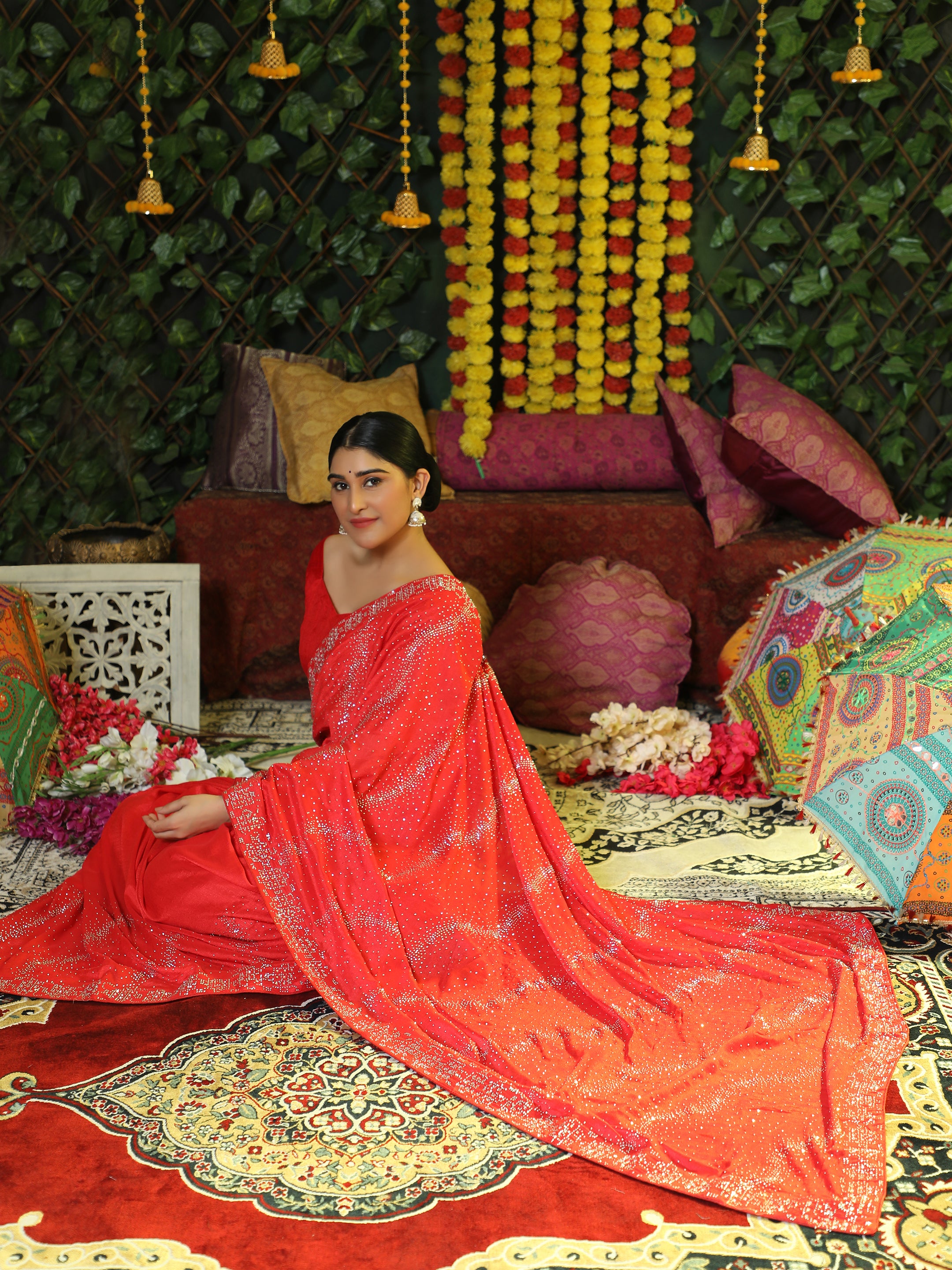 Women's Vichitra Saree With Blouse Piece (RED) - PUNYATHA CREATION