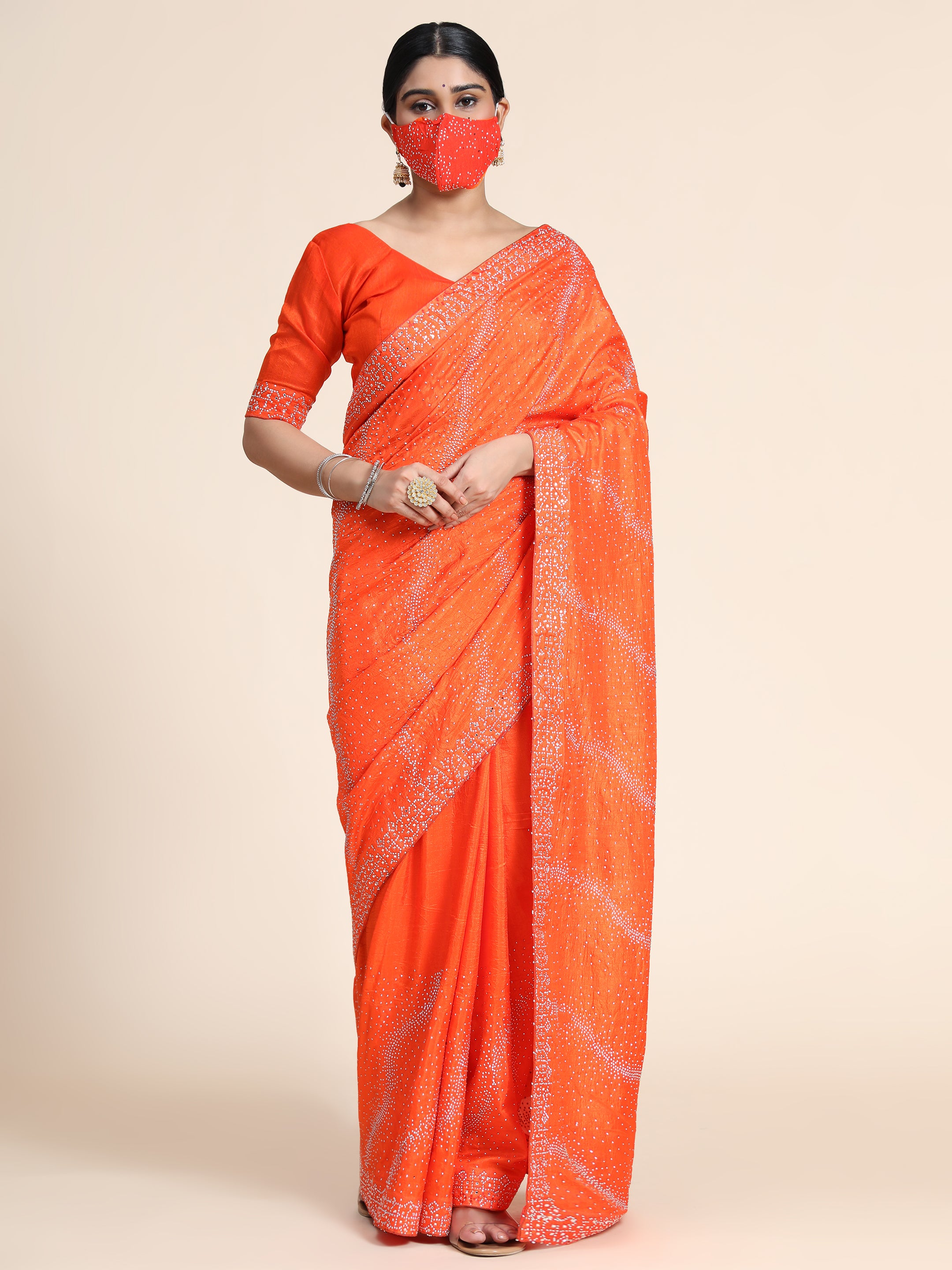 Women's Vichitra Saree With Blouse Piece (ORNAGE) - PUNYATHA CREATION